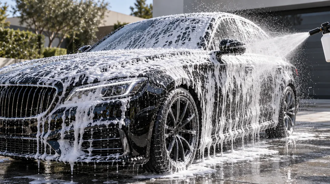 3D render of a sedan covered in thick snow foam